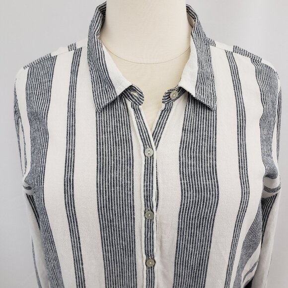 Orvis Linen Blend Button-Down Shirt XXL Stripes Blue White Roll-Tab Sleeve - Picture 2 of 9
